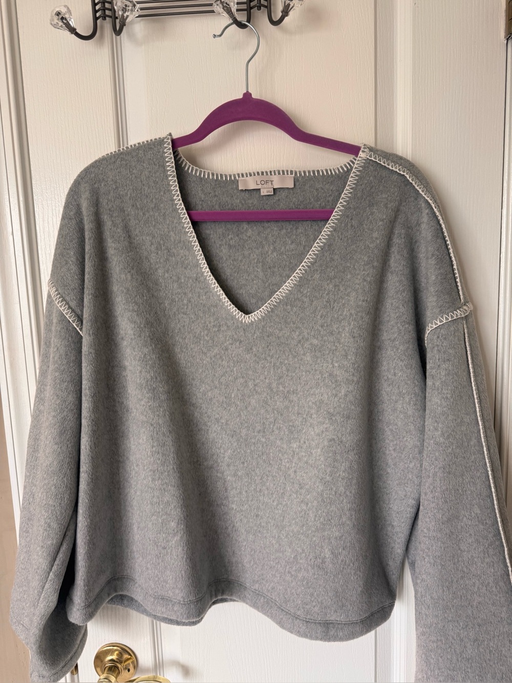 LOFT Light Gray V-Neck Sweater with Contrast Stitch